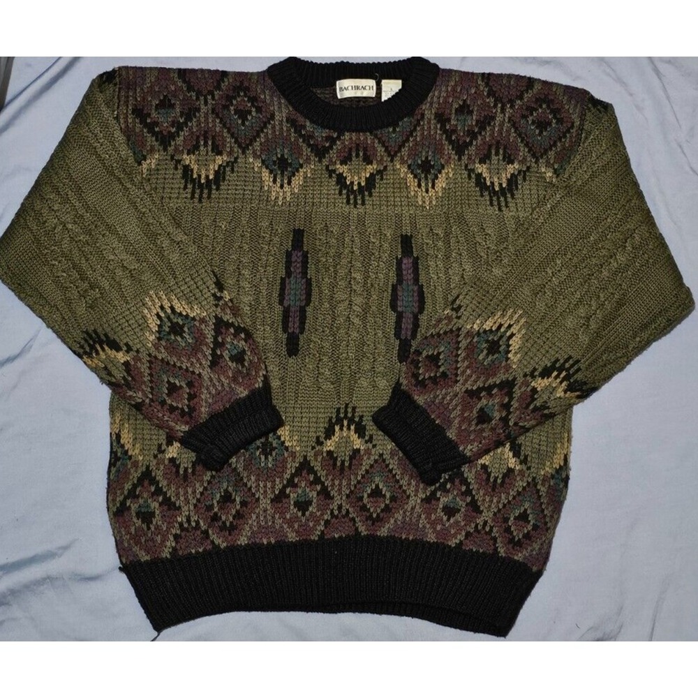 Vintage Bachrach Acrylic Wool Knit Sweater Men's Large Aztec Navajo Coogi Cosby